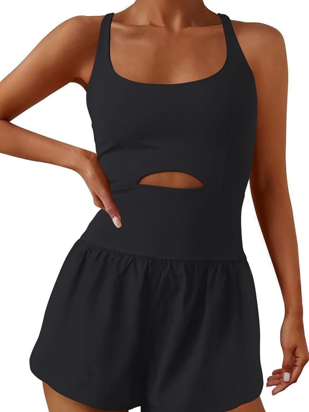 Athletic Romper Waist Cutout Cross Back Built-In Shorts Pockets Workout Black M